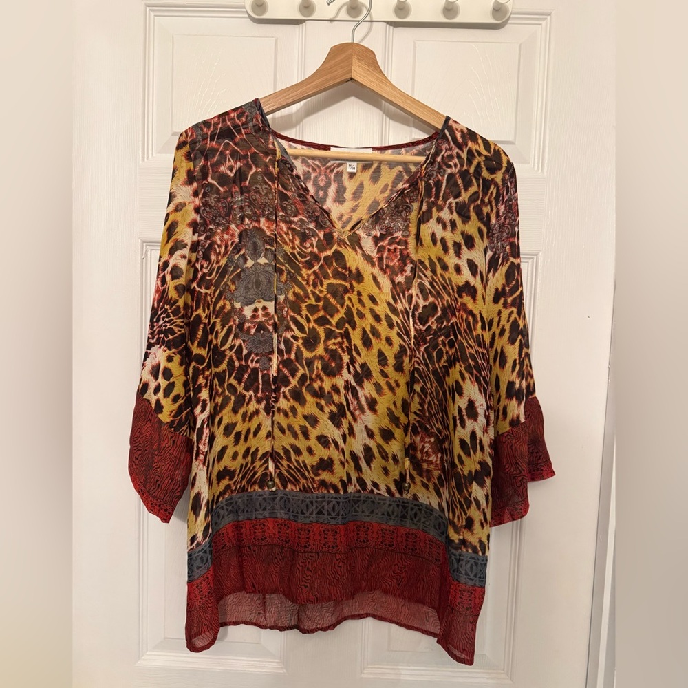 Lady Dutch High Society, animal print sheer V-neck peasant top, size M Boho